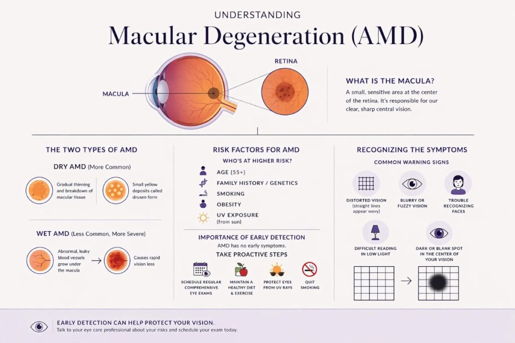 Infographic explaining macular degeneration (AMD), showing the macula’s location in the eye, types of AMD (dry and wet), risk factors like age and UV exposure, and common symptoms such as distorted vision and central blind spots.