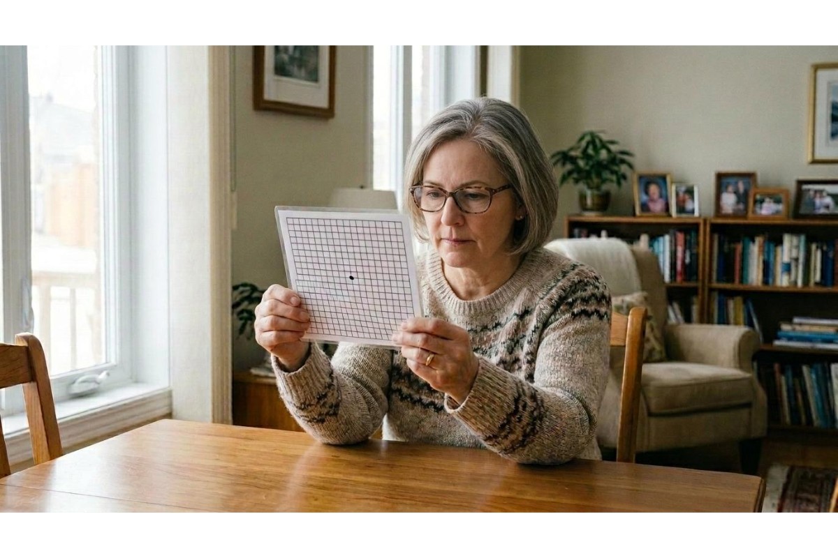 Older woman using an Amsler grid.