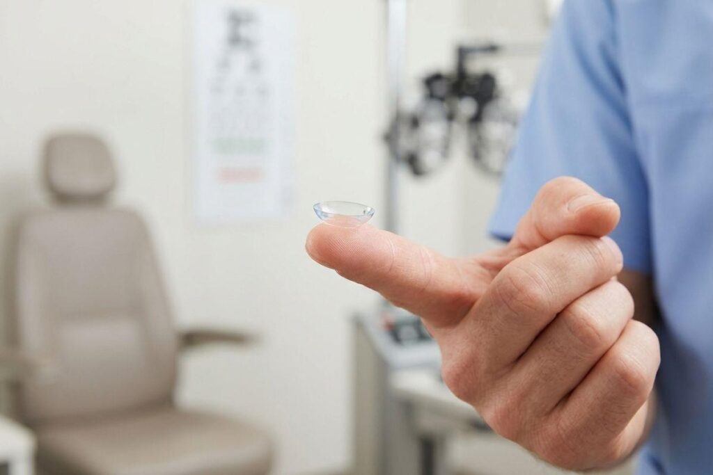Contact lens balanced on a fingertip held by a person in scrubs inside an optometry clinic with eye chart and phoropter in the background.