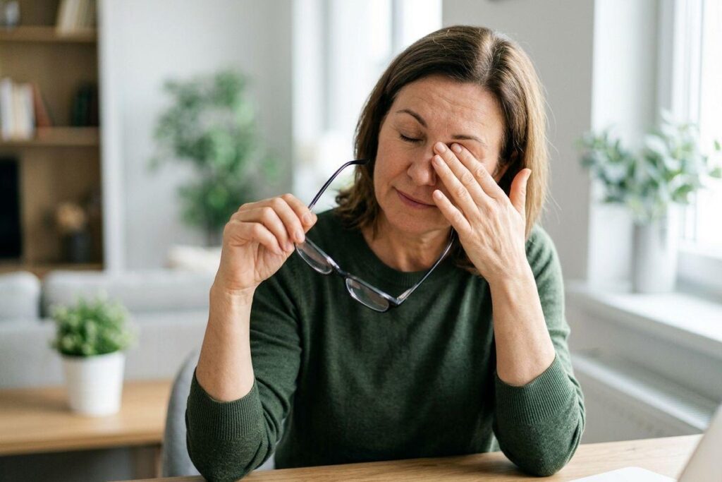 An adult rubbing tired eyes while holding glasses, seated at a desk indoors, appearing fatigued or experiencing eye strain.