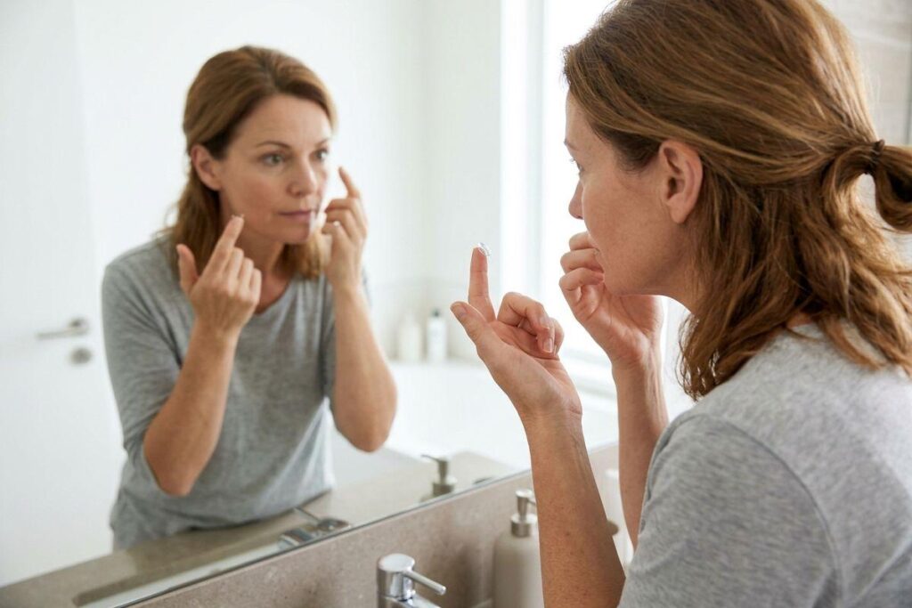 Person holding a contact lens on a fingertip while looking in a bathroom mirror.