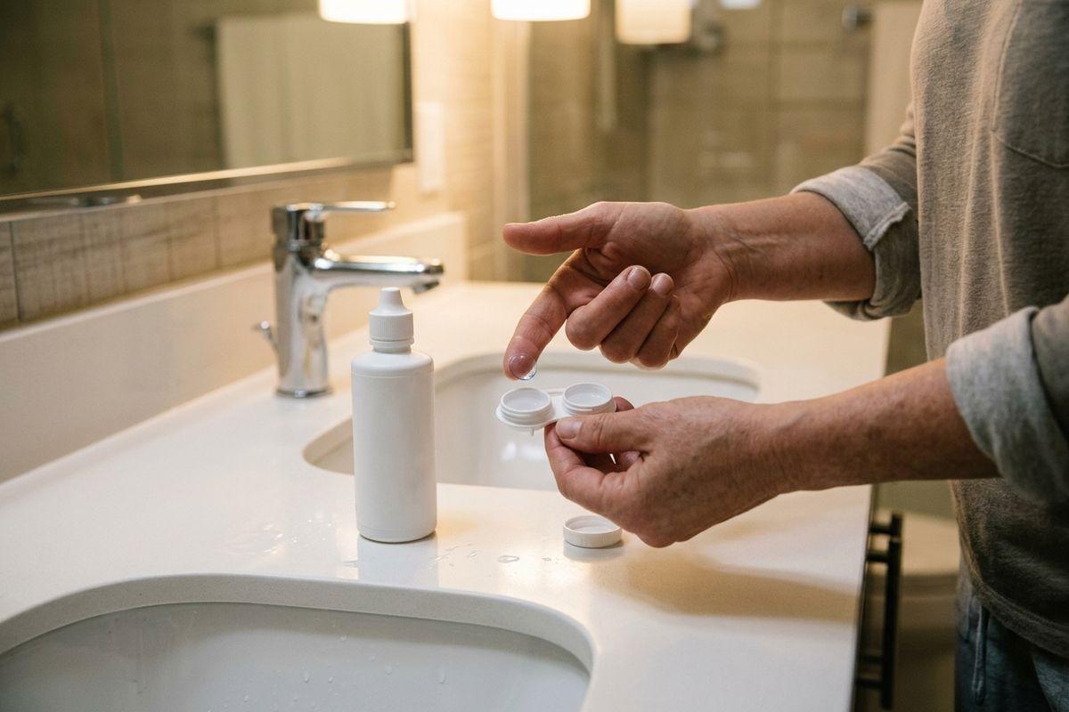 Person placing a contact lens into a case at a bathroom sink, with solution bottle nearby.