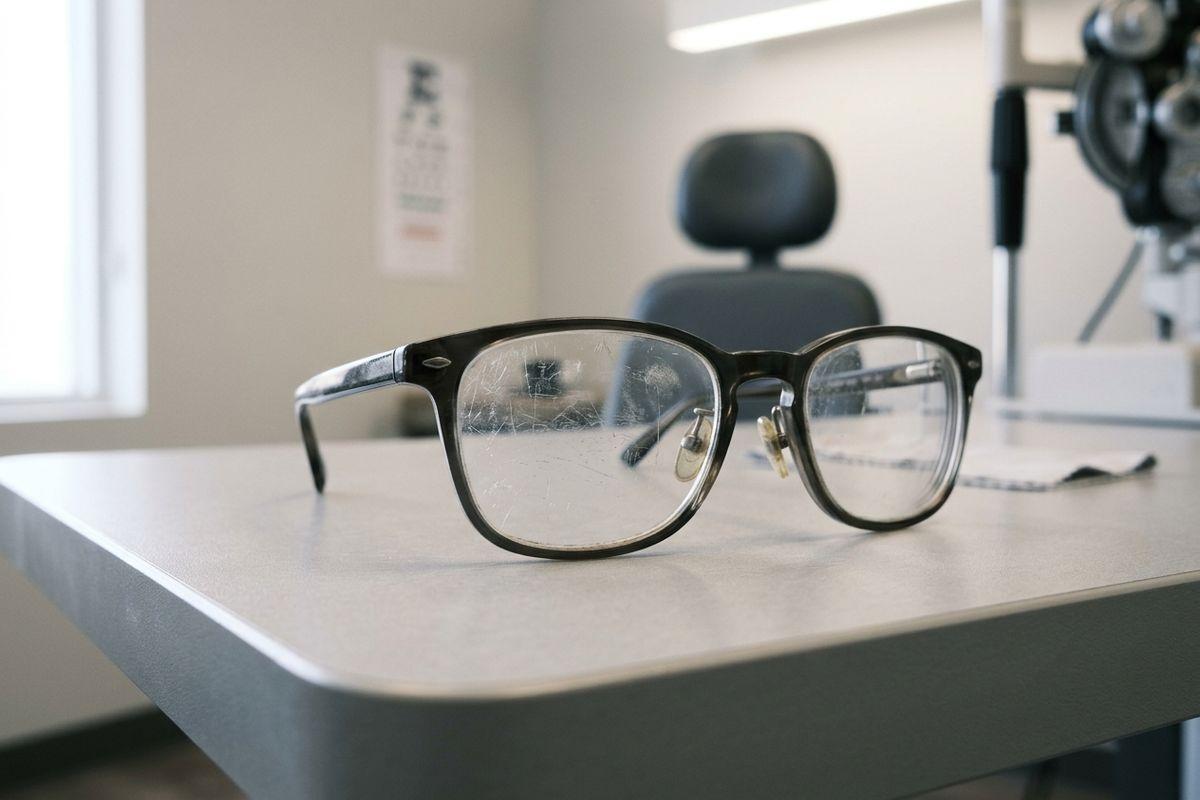 Scratched black-framed eyeglasses on a table in an optometry exam room with an eye chart and phoropter in the background.
