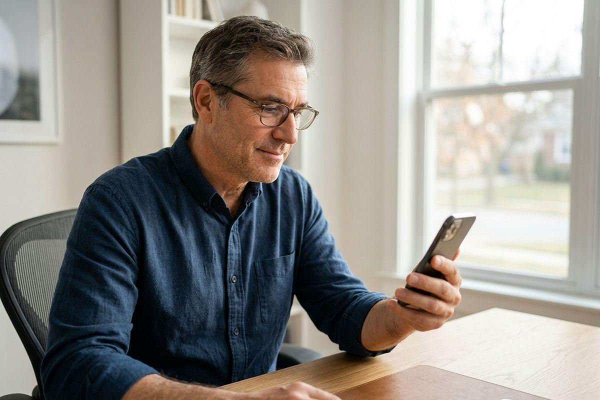 Adult in glasses and blue shirt looking at a smartphone while seated at a desk near a window.