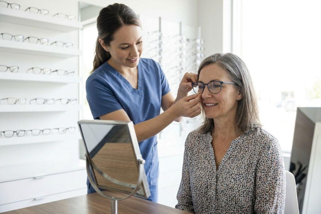 Optician helps a smiling customer try on glasses beside a mirror, with eyewear displays on shelves behind them.