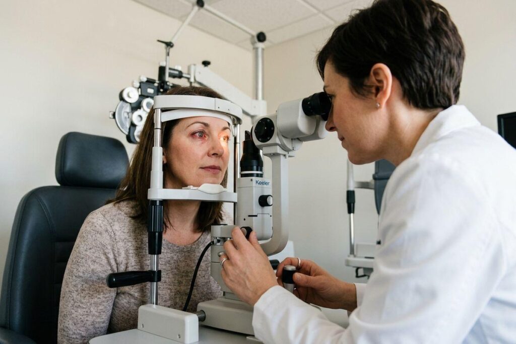 Optometrist examines a patient's eye using a slit lamp during an eye exam.