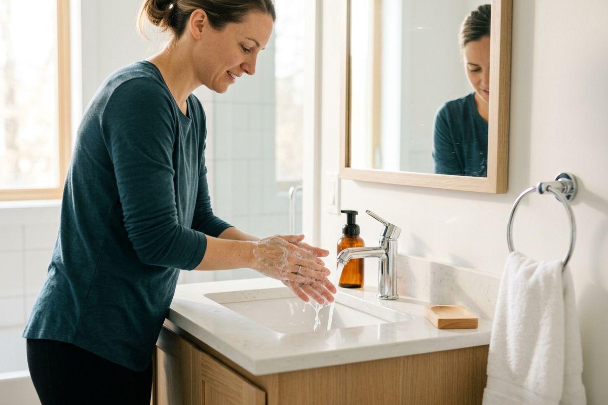 Person washing soapy hands at a bathroom sink, smiling, with a mirror, soap pump, and towel ring nearby.